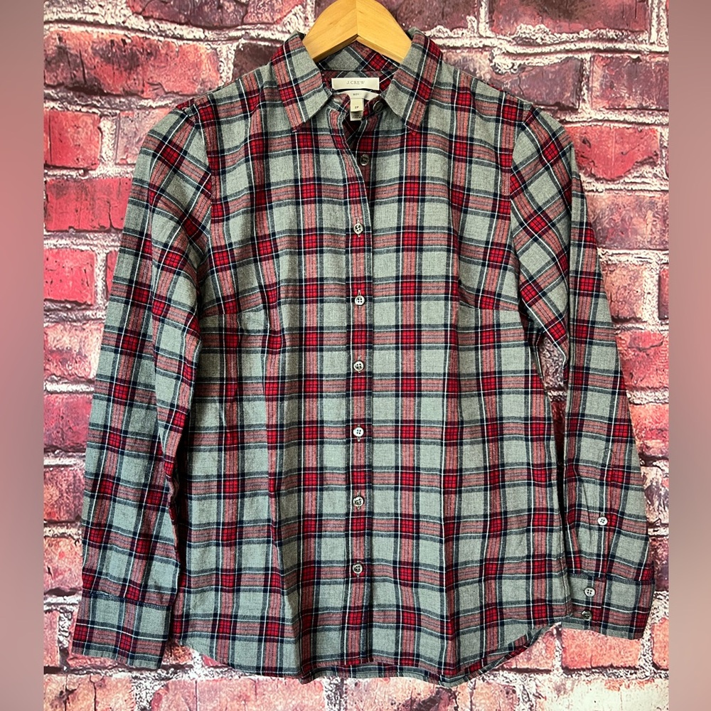 NWT J.CREW Boy Fit Flannel Gray Red Plaid Button Down 2P
